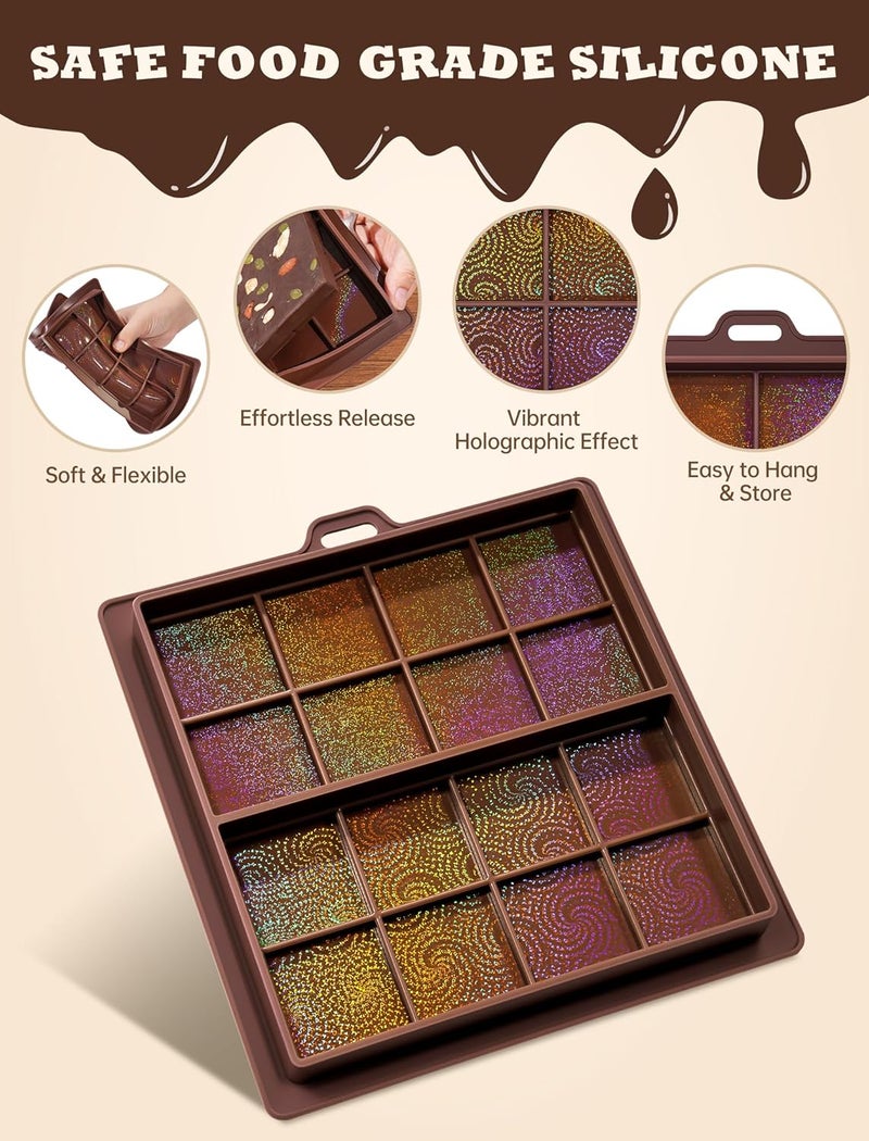 NiHome 0.67 Inch Holographic Dubai Chocolate Molds, Silicone Chocolate Bar Mold for Black Chocolate, Dishwasher Safe & Wall Hanging, Christmas Valentine Gift (Swirl and Sandy Pattern) - Image 5